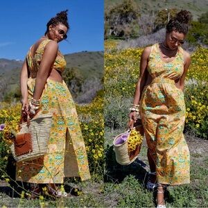 Maeve Anthropologie Marie Column Cut Out Maxi Dress Sun Yellow Floral Small NEW